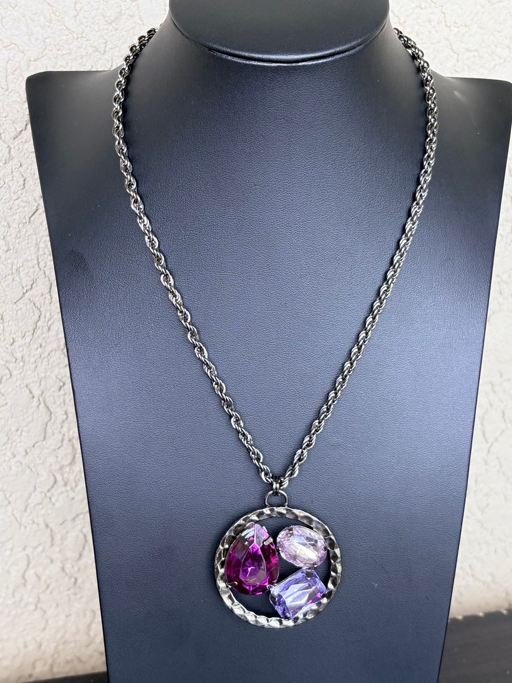 Sparkling Multicolored Purple Glass Stone Pendant & Gunmetal Rope Chain
